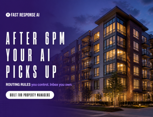 Modern apartment building at dusk with property management AI overlay. Fast Response AI after-hours coverage.